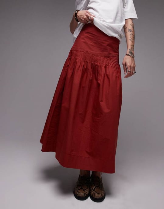 Topshop plisserad poplin full kjol i röd - Image 3
