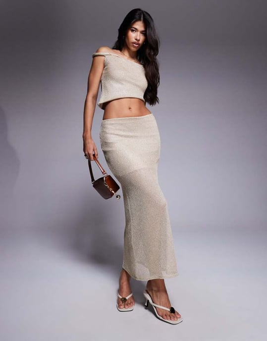ASOS DESIGN koord maxikjol i gyllene glittrig stickad - Image 1
