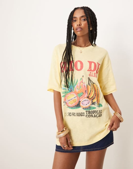 ASOS DESIGN oversized slub t-shirt med Rio de Janeiro-fruktgrafik i gult - Image 1