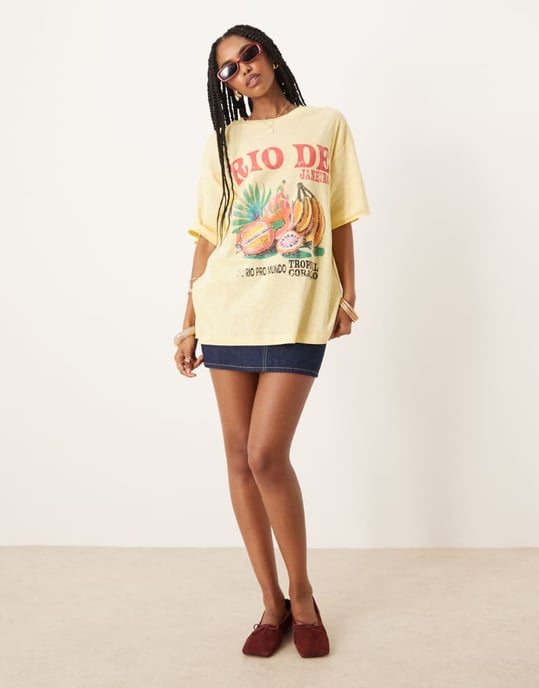 ASOS DESIGN oversized slub t-shirt med Rio de Janeiro-fruktgrafik i gult - Image 2