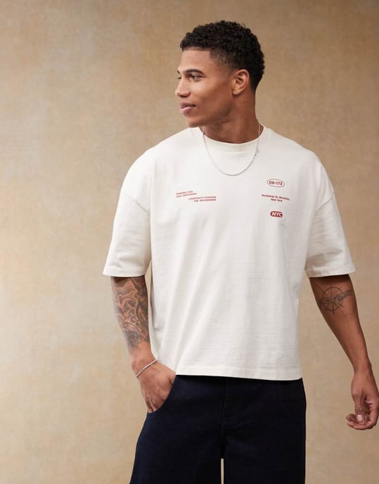 ASOS DESIGN boxy oversized tungt t-shirt med sänkt axel och ryggtryck i krämfärg - Image 3