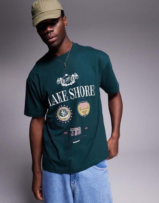 ASOS DESIGN oversized t-shirt med varsitygrafik i mörkgrön - Image 1