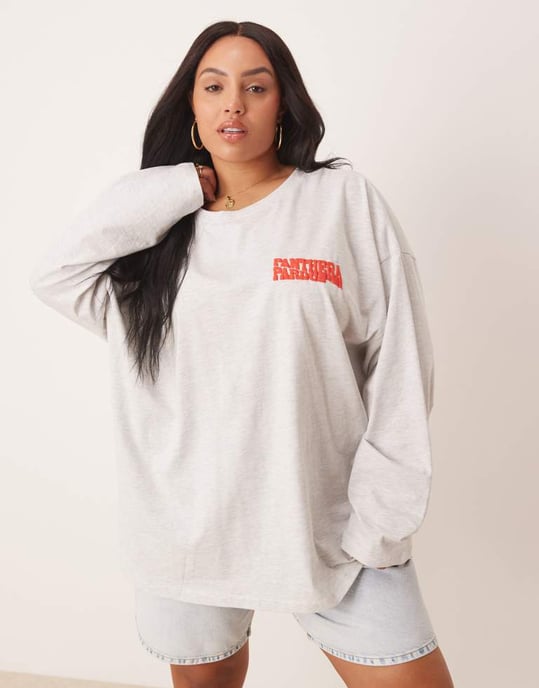 ASOS DESIGN Curve oversized long sleeve skater tee with leopard floral graphic in ice marl - Image 4