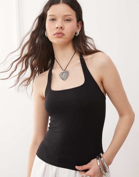 Weekday slim fit square halter neck top in black - Image 2