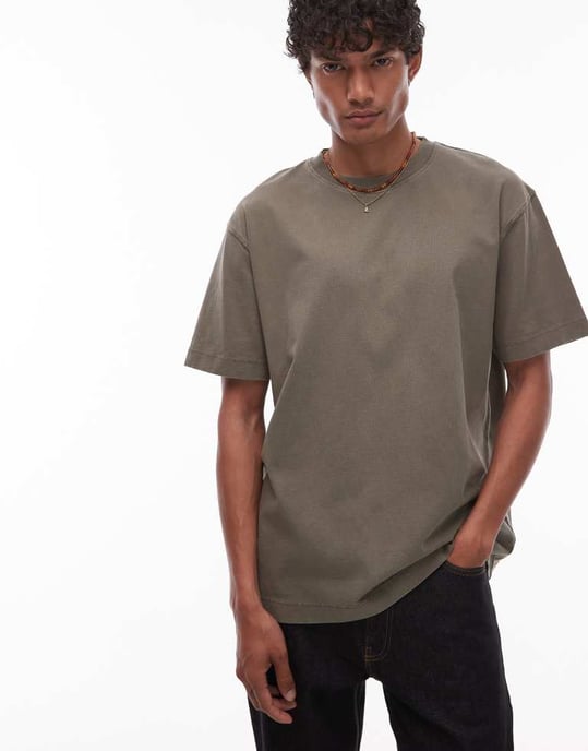 Topman avslappnad passform t-shirt i tvättad khaki - Image 4
