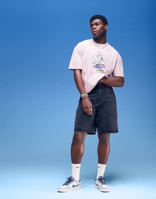 ASOS DESIGN tung boxy oversized t-shirt med palmträdstryck på bröstet i tvättad rosa - Image 3