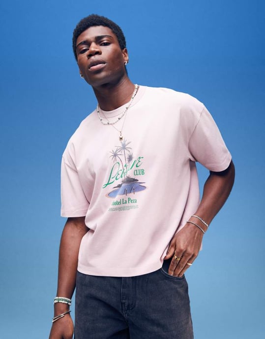 ASOS DESIGN tung boxy oversized t-shirt med palmträdstryck på bröstet i tvättad rosa - Image 4