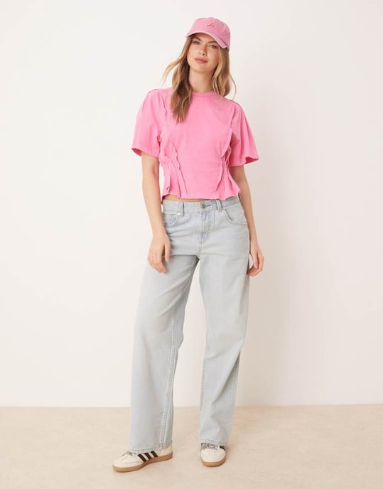 ASOS DESIGN kortärmad korsett-t-shirt med sömnadsdetaljer i tvättad rosa - Image 3