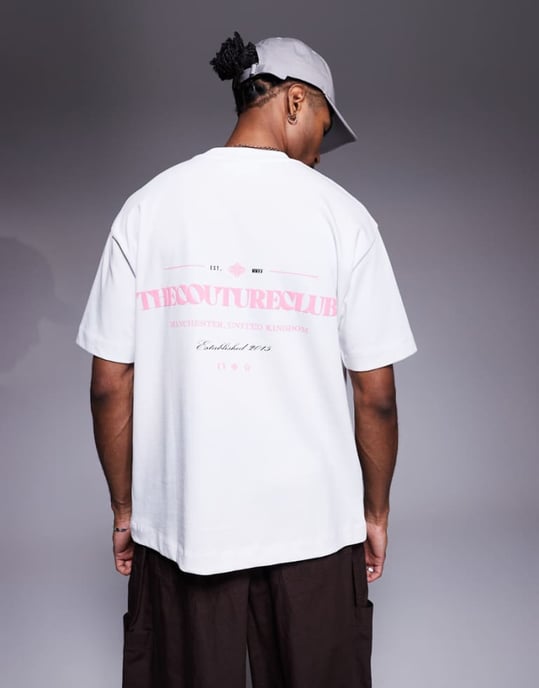 Couture Club oversized t-shirt i vitt med rosa tryck på bröstet och ryggen - Image 1