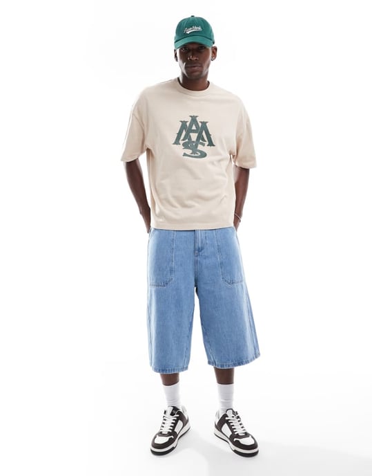 ASOS DESIGN heavyweight boxy oversized t-shirt i tvättad beige med gummigrafik på bröstet - Image 4