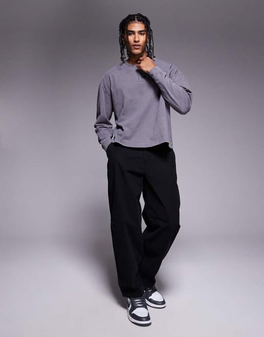 ASOS DESIGN tung boxy oversized tvättad långärmad henley i grått - Image 2