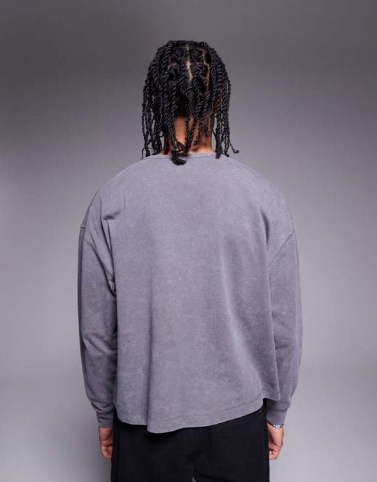 ASOS DESIGN tung boxy oversized tvättad långärmad henley i grått - Image 3