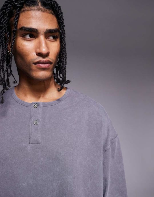 ASOS DESIGN tung boxy oversized tvättad långärmad henley i grått - Image 4