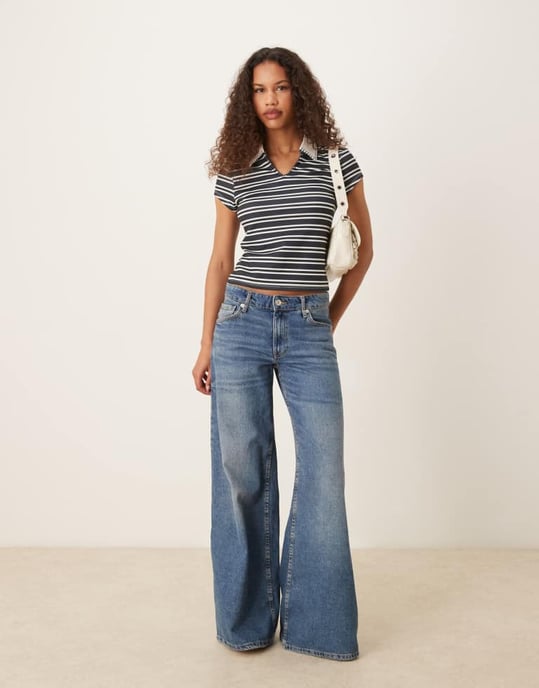 ASOS DESIGN plädstygn polo t-shirt i marinrandig - Image 3
