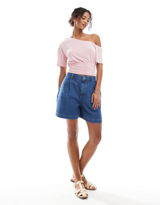 ASOS DESIGN avslappnad off-shoulder cupro topp med åtstramad midja i rosa - Image 3