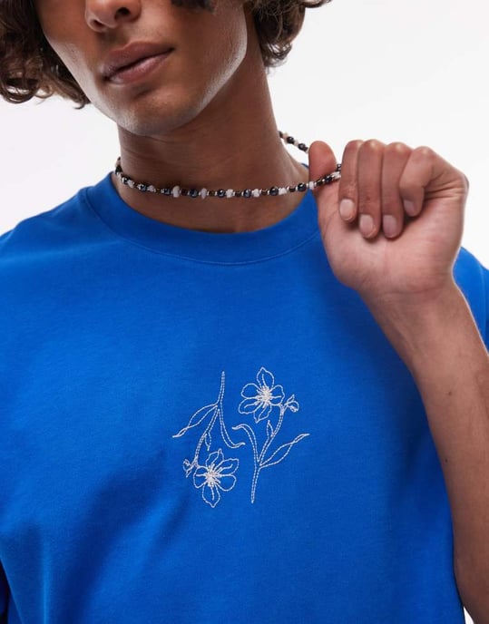 Topman avslappnad passform t-shirt med blomstermotiv i tvättad blå - Image 4