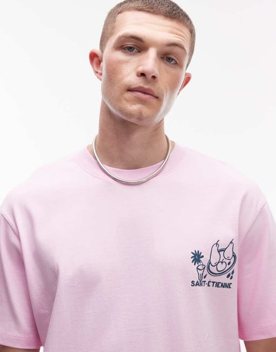 Topman avslappnad passform t-shirt med framsidan och baksidan Saint Etienne tryck i rosa - Image 4