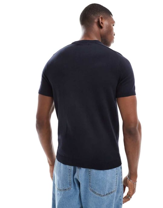 Tunnstickad crew neck t-shirt i marinblå - Image 2