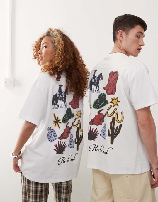 Återvunnen vintage unisex kort boxy western cowboy t-shirt med grafik på ryggen i vitt - Image 4