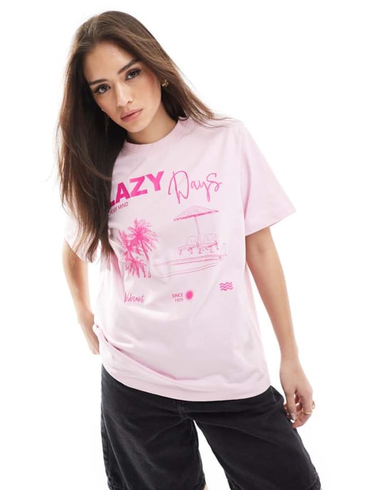 ONLY latdagar grafisk tryck oversized t-shirt i rosa - Image 1