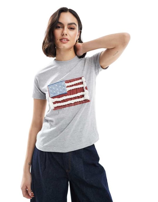 Daisy Street applique flag t-shirt in grey marl - Image 1