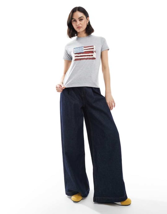 Daisy Street applique flag t-shirt in grey marl - Image 2