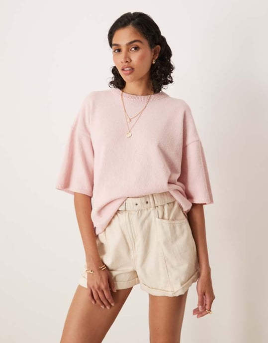 ASOS DESIGN stickad slub avslappnad t-shirt i rosa - Image 1