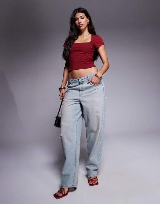 ASOS DESIGN dubbellager fyrkantig halsringning topp med kort ärm i bordeaux - Image 2