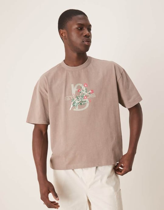 ASOS DESIGN tung boxy oversized t-shirt i tvättad sten med blommig textgrafik - Image 1