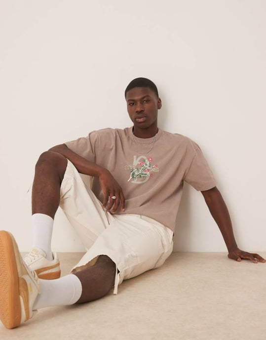 ASOS DESIGN tung boxy oversized t-shirt i tvättad sten med blommig textgrafik - Image 2