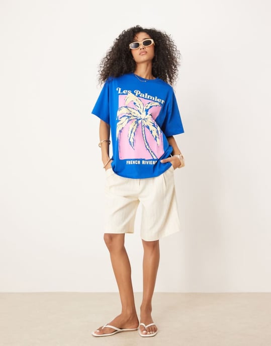 ASOS DESIGN oversized t-shirt med palmträdsgrafik i blått - Image 1