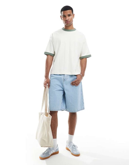 ASOS DESIGN boxig oversized t-shirt med kontrasterande detaljer i krämfärgad texturerad ribbstickning - Image 3