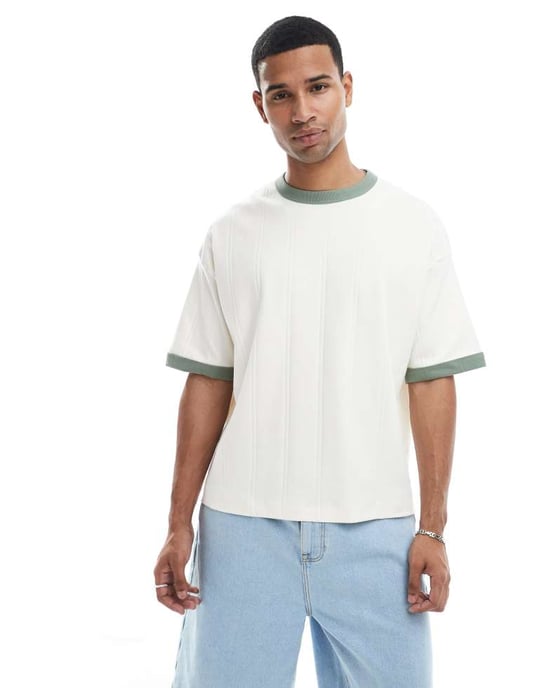 ASOS DESIGN boxig oversized t-shirt med kontrasterande detaljer i krämfärgad texturerad ribbstickning - Image 4