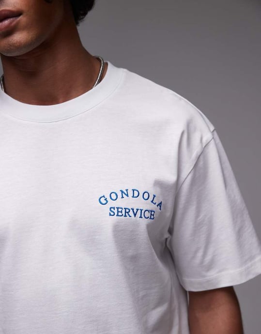 Topman premium avslappnad t-shirt med front- och baktryck av gondol och broderi i vitt - Image 3