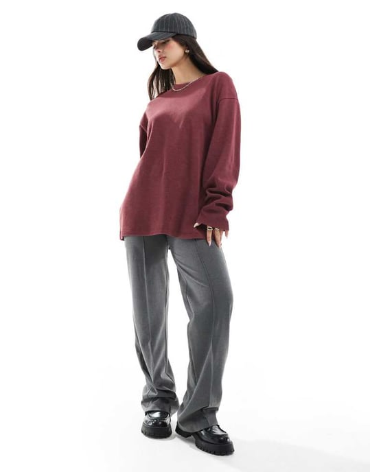 ASOS DESIGN våfflad långärmad skatertopp i tvättad burgundy - Image 2