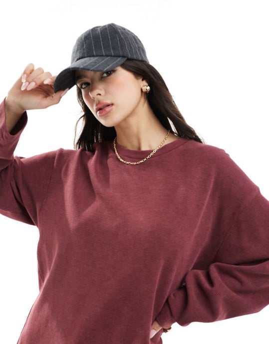 ASOS DESIGN våfflad långärmad skatertopp i tvättad burgundy - Image 3