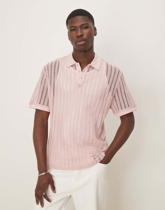 ASOS DESIGN boxy oversized polo med sänkt axel i rosa virkat - Image 1