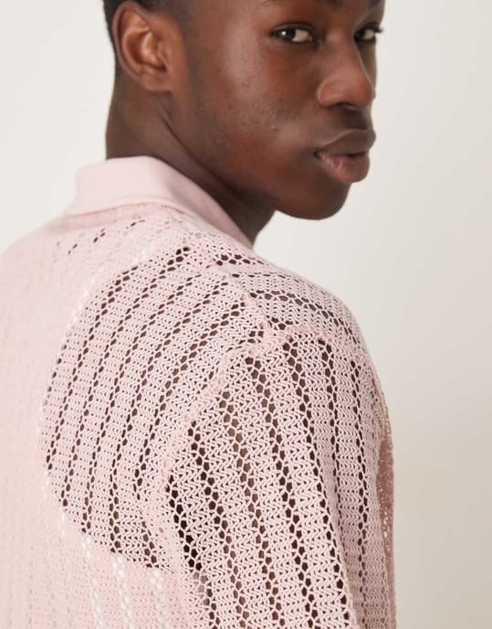 ASOS DESIGN boxy oversized polo med sänkt axel i rosa virkat - Image 2