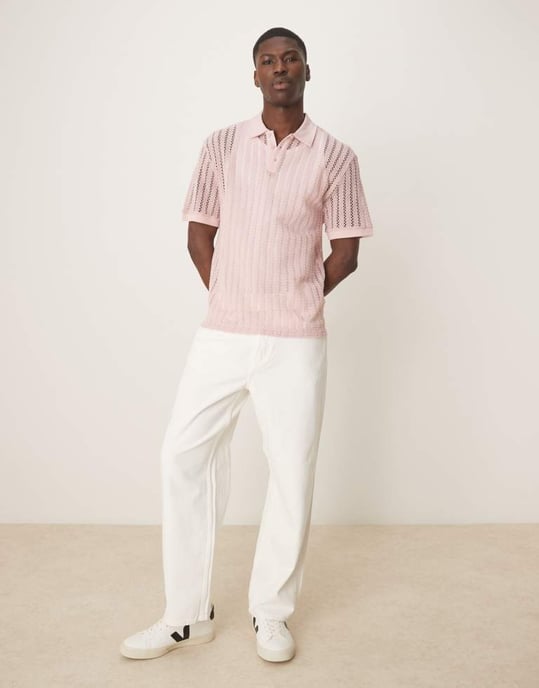 ASOS DESIGN boxy oversized polo med sänkt axel i rosa virkat - Image 3