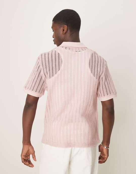 ASOS DESIGN boxy oversized polo med sänkt axel i rosa virkat - Image 4