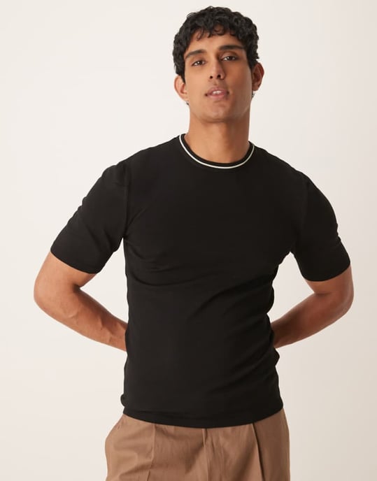 ASOS DESIGN muskelpassform boxy premium stickad t-shirt med kant i svart - Image 1