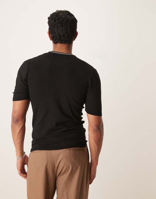 ASOS DESIGN muskelpassform boxy premium stickad t-shirt med kant i svart - Image 4