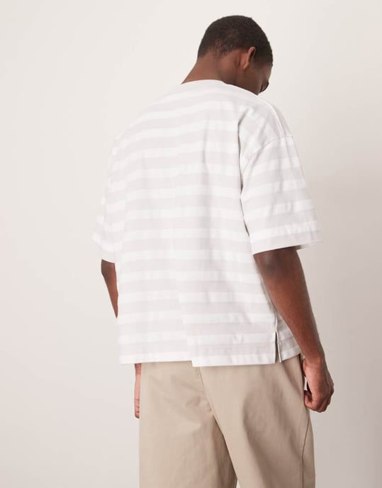 ASOS DESIGN tyngre boxig oversized t-shirt i grå och vitrandig - Image 3
