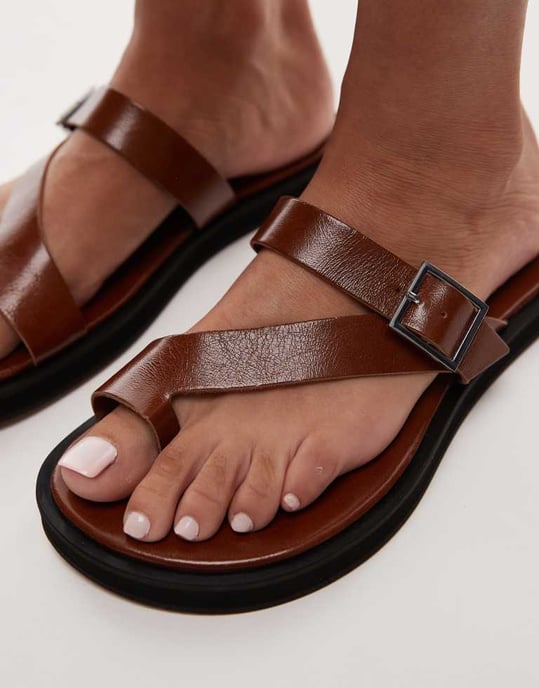 Topshop Premium Kimberley äkta läder flata sandal i brun - Image 2