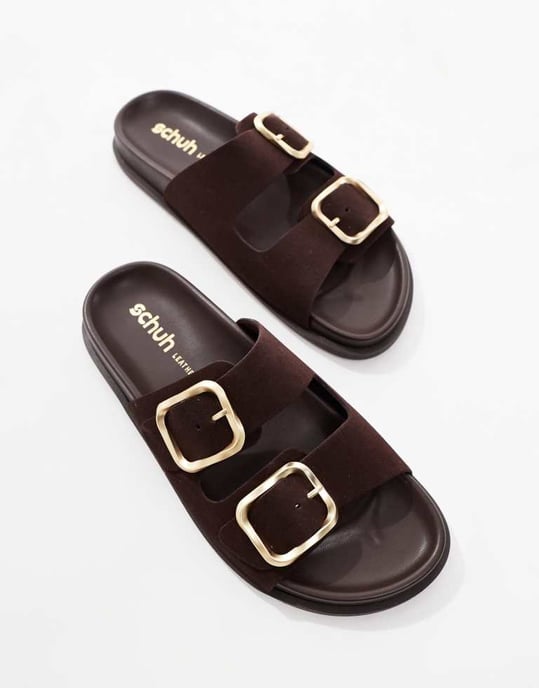 Schuh Tylee dubbelt spänne sandaler i chokladbrun mocka - Image 4