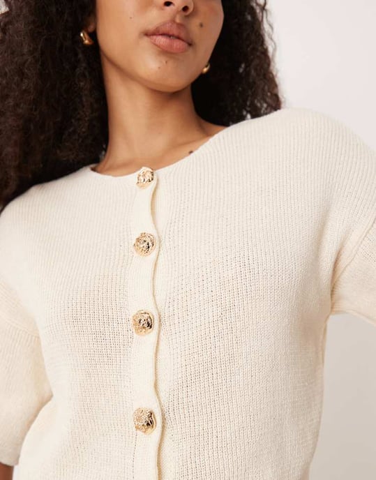 ASOS DESIGN knitted short sleeve cardigan with gold buttons in stone - Image 3