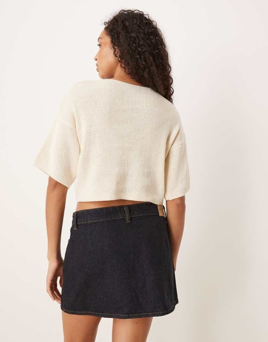 ASOS DESIGN knitted short sleeve cardigan with gold buttons in stone - Image 4