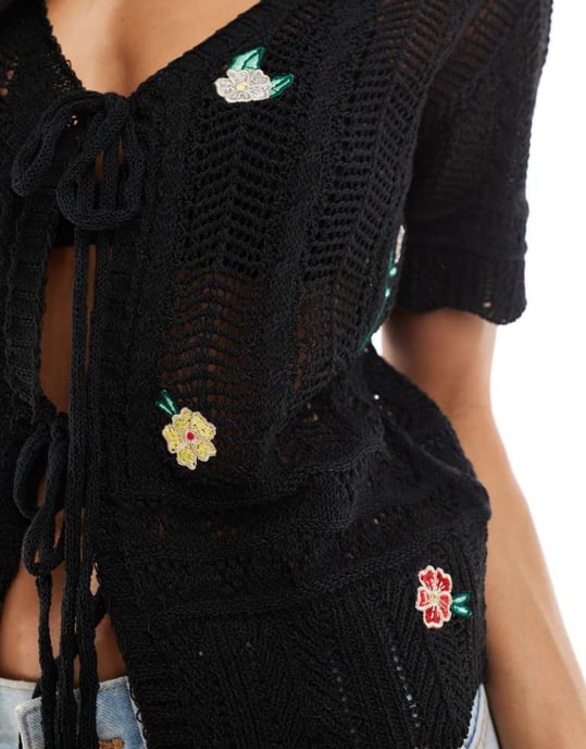 Daisy Street knitted cardigan with embroidered flowers in black - Image 4