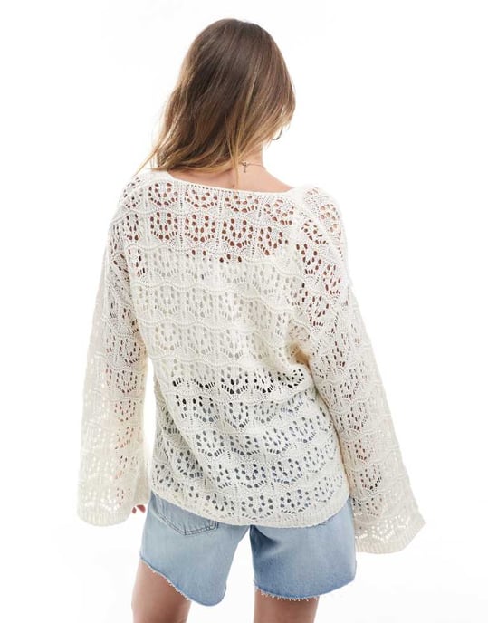 Miss Selfridge crochet tie front boho cardigan in cream - Image 2