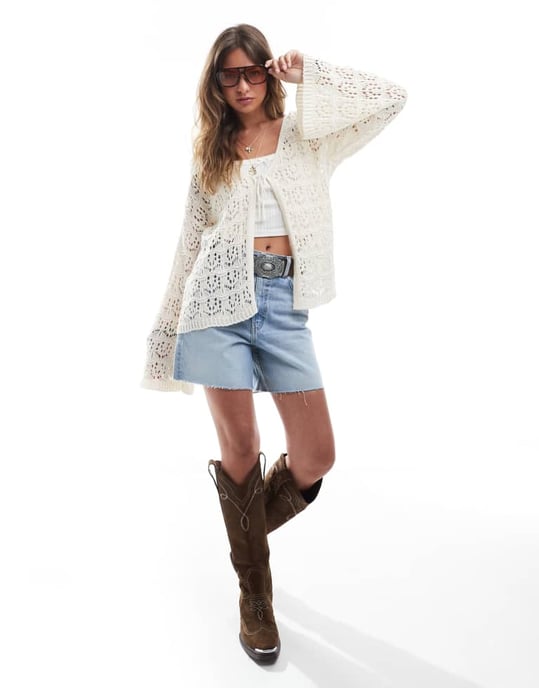 Miss Selfridge crochet tie front boho cardigan in cream - Image 3
